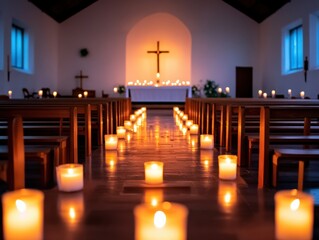 A serene church interior illuminated by candles, creating a peaceful atmosphere of prayer and reflection.