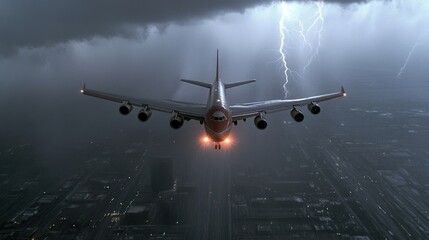 Airplane flying through stormy weather with lightning in the background.