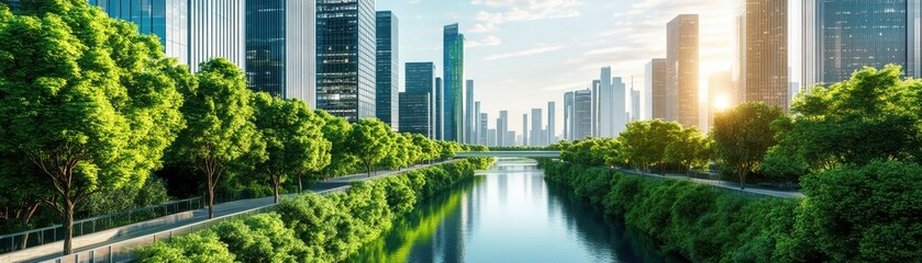 Fototapeta premium A serene cityscape with lush greenery and a tranquil river reflecting modern skyscrapers under a sunny sky.