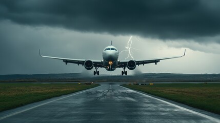 Obraz premium Airplane landing on a wet runway during a storm with dark clouds and lightning.