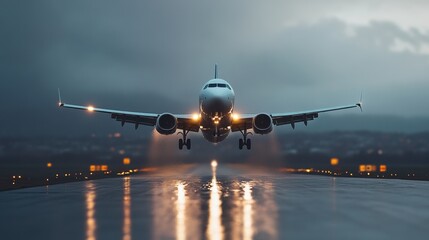 Airplane landing on a wet runway during a cloudy sunset