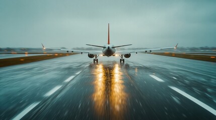 Naklejka premium Airplane on runway during rain, reflective surface, dramatic cloudy sky.