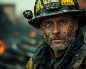 Fototapeta premium A veteran firefighter, his face covered in soot