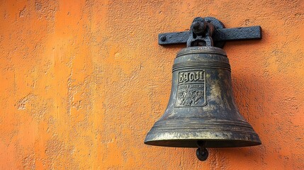 Obraz premium Vintage Bronze Bell on Weathered Orange Wall History Heritage Antique Rustic Old Wor