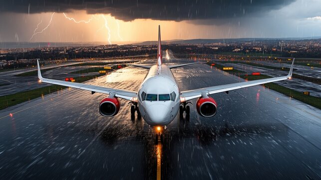 Airplane on runway during stormy weather with dramatic lightning and rain.