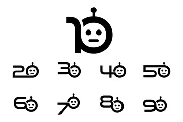 set of numbers 10,20,30,40,50,60,70,80,90 concept robot heads