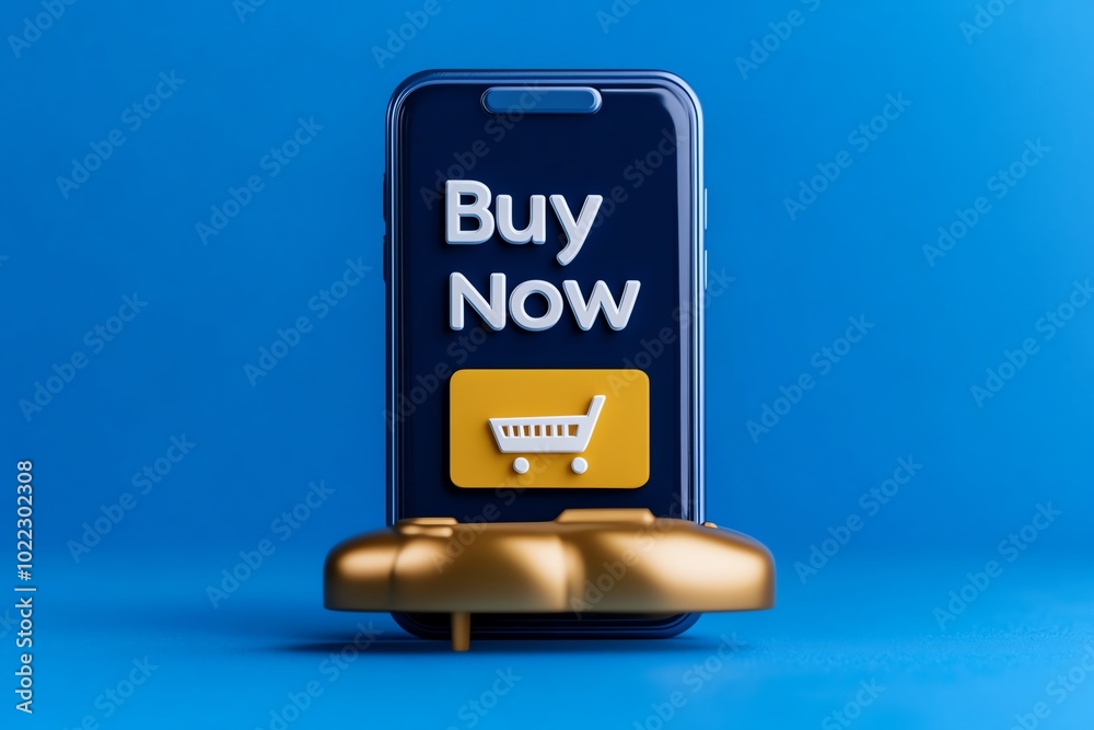 Poster simple minimalist icon of a smartphone with a â€œbuy nowâ€ button, representing the ease of mobile 