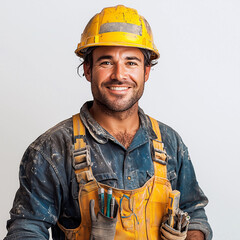 Electrician smiling in hard hat on white background