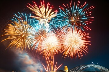Fototapeta premium Spectacular Fireworks Display Over Sydney Harbour Bridge Illuminating Vibrant Cityscape