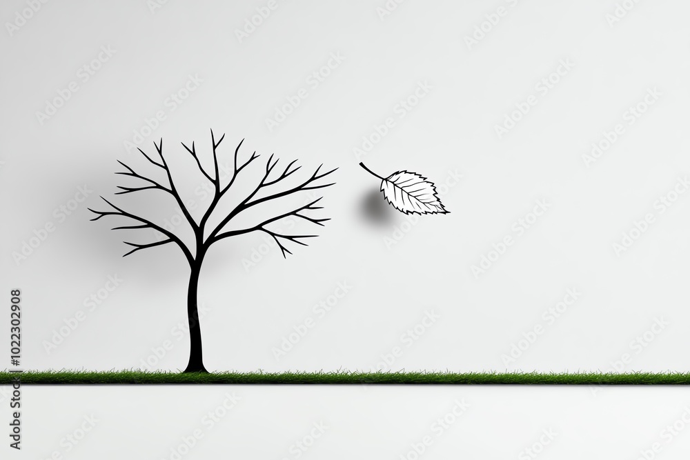 Poster Simple minimalist line art of a single leaf falling from a tree, representing the transcendentalist connection to the natural cycle of life