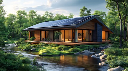Obraz premium Modern eco-friendly house with solar panels on roof in forest setting by river.