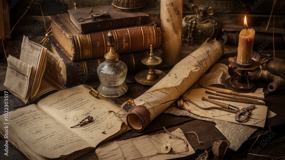 Poster ancient books, scrolls, and artifacts are arranged on a wooden table, their history illuminated by f