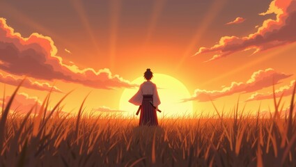 Silhouette of a Person at Sunset in a Field