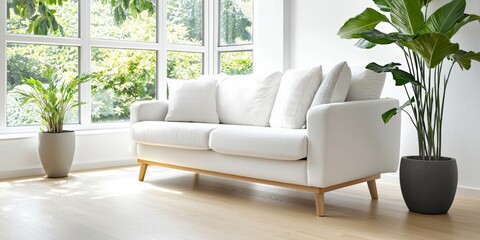 Fototapeta premium A stylish living room with Scandinavian design elements, light wooden floors, a white sofa, and indoor plants, creating a fresh, airy ambiance, panorama format