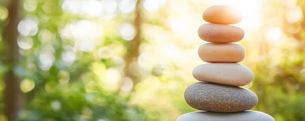 Obraz premium A serene stack of smooth stones symbolizes balance and tranquility in a natural setting, perfect for wellness themes.