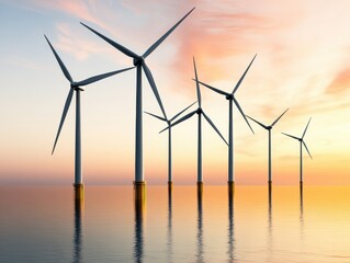 Fototapeta premium A serene sunset view of wind turbines standing tall in the ocean, symbolizing renewable energy and eco-friendly technology.