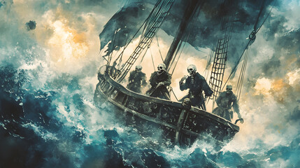 Halloween Pirate Ship, Skeleton crew sailing through a storm cursed treasur, Watercolor