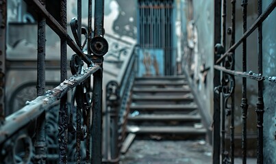 Spiral staircase in an abandoned building. Shallow depth of field.