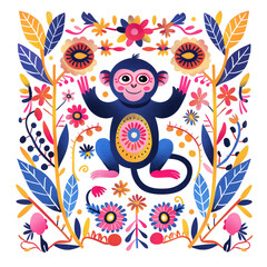 Colorful illustration of a cute monkey in a vibrant floral frame. Perfect for design and art projects.