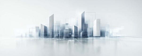 Fototapeta premium A sleek, modern city skyline with misty buildings reflecting a futuristic atmosphere in soft hues of blue and gray.