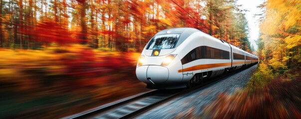Obraz premium A sleek train speeds through vibrant autumn foliage, creating a stunning contrast against the colorful landscape.