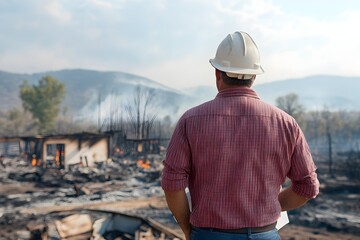 Insurance Adjuster Surveys Aftermath of Devastating Wildfire Damage to Burned Out Residential Property