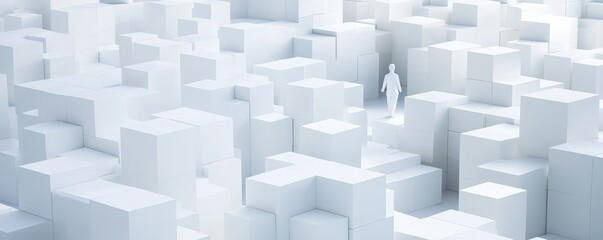 Fototapeta premium A solitary figure navigates through an abstract landscape of white blocks, symbolizing solitude and exploration in a minimalist environment.
