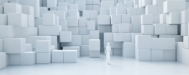 A solitary figure navigates a vast space filled with towering white boxes, symbolizing isolation and exploration in minimalism.
