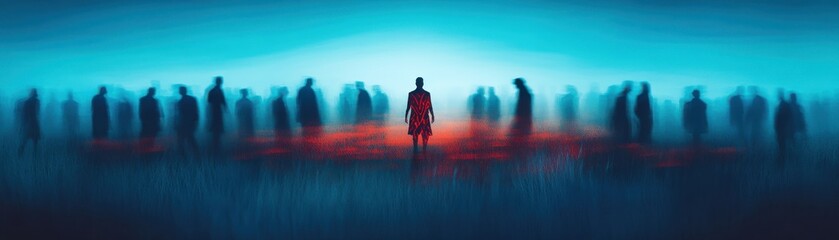 Fototapeta premium A solitary figure stands out amidst a crowd of blurred silhouettes, creating a sense of isolation and mystery in a vibrant landscape.