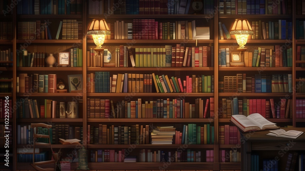 Aufkleber Wooden shelves are densely packed with various textbooks and academic literature, illuminated by warm lamps, creating a cozy study space. Generative AI