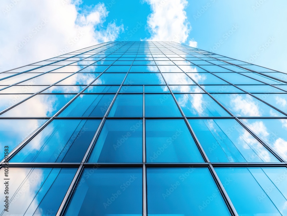 Wall mural a striking view of a modern glass building reflecting a bright blue sky with scattered clouds, showc