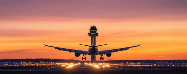A stunning airplane takeoff against a vibrant sunset sky, showcasing the beauty of aviation and travel.