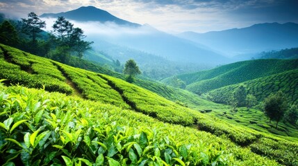 Fototapeta premium Lush Green Tea Fields Under Mountainous Landscape