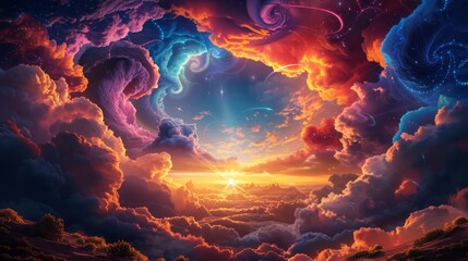 Surreal Sunrise with Vibrant Swirling Clouds
