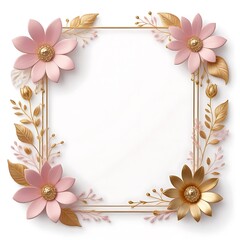 Elegant floral frame, 3D paper craft, pink and gold flowers