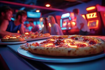 Watercolor scene of a group of friends in the 1980s hanging out at an arcade, playing games and eating pizza, with neon colors and glowing lights representing the entertainment of yesterdayâ€™s