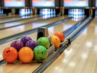 A vibrant collection of bowling balls lined up at a bowling alley, showcasing colorful designs and a modern bowling experience.