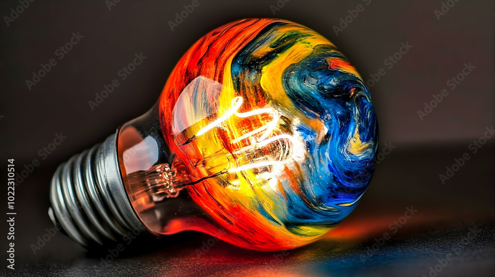 Wall mural A light bulb with colorful swirls and a glowing filament, representing creativity and inspiration.