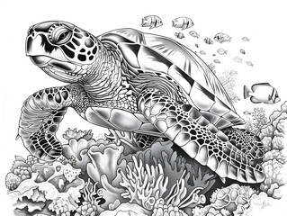 sea turtle coloring page, a simple line art drawing of the head and body in side view, with the legs and shell in more detail, and some rocks and plants on the bottom, against a white background