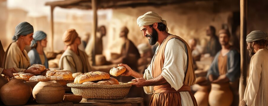 A vibrant marketplace scene featuring a baker offering fresh bread, surrounded by customers engaging in lively conversation.