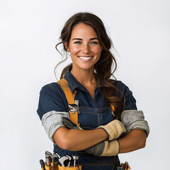Female maintenance worker smiling with gloves on white background