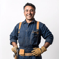 Smiling maintenance worker with gloves on white background