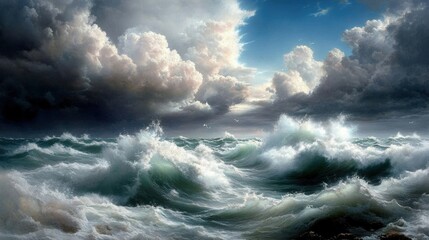 Obraz premium Dramatic ocean waves crashing under a cloudy sky, evoking the power of nature.