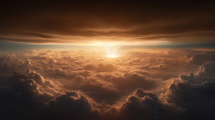 Dramatic sunset view above clouds with a warm glow and dark stormy sky.