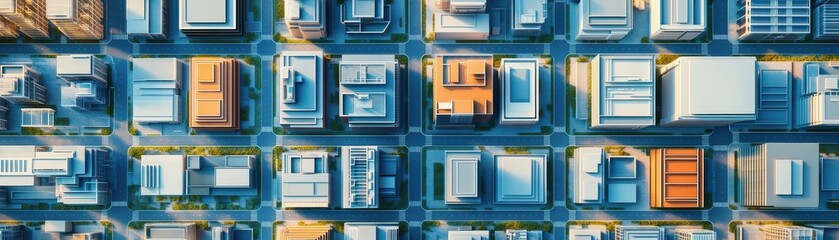 Obraz premium Aerial view of a modern urban landscape showcasing city blocks, buildings, and roads in a vibrant metropolis.