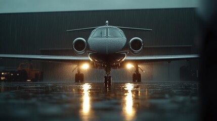 Fototapeta premium Front view of an aircraft with lights on in a rainy environment at a hangar.