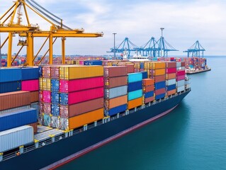 Fototapeta premium Aerial view of cargo containers stacked on a ship at a busy port, showcasing global trade and maritime industry.