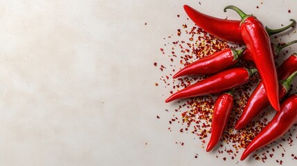 Red Chili Peppers and Crushed Chili Flakes on White Background