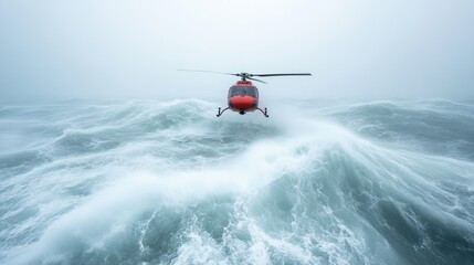 Obraz premium Helicopter flying over tumultuous ocean waves in stormy weather.