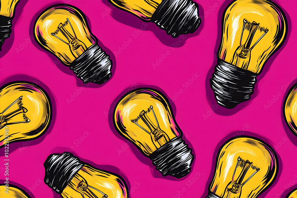 Poster Seamless pattern of yellow light bulbs on a pink background.